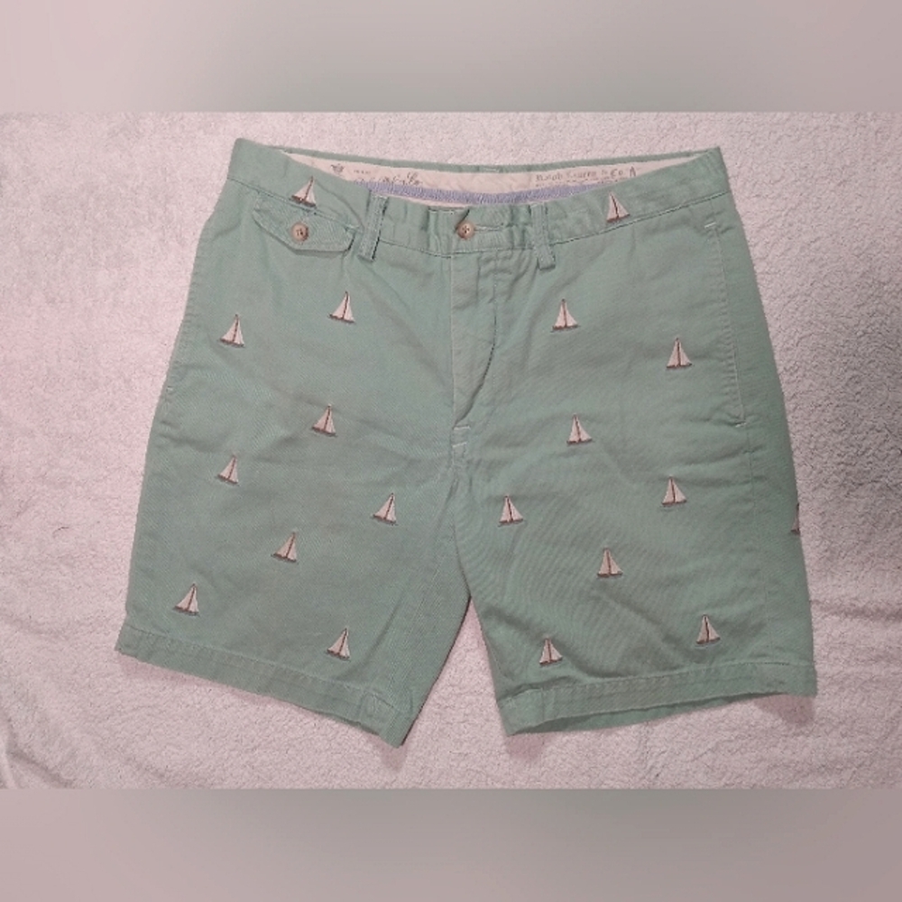 POLO RALPH LAUREN Teal Preppy All Over Embroidery Boat Sailing Logo Shorts M 33